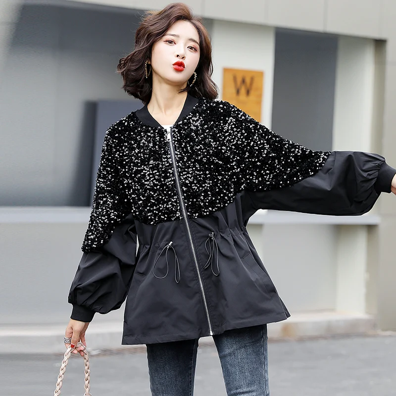 

Temperament V-neck stitching heavy industry sequins zipper waist drawstring loose coat women