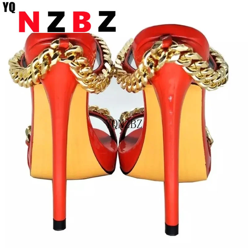 

Summer Women Sandals Fashion Chain Open Toe Thin Heel Sandals New Comfortable Super Stylish Nice Red Shoes Woman Plus Size 43