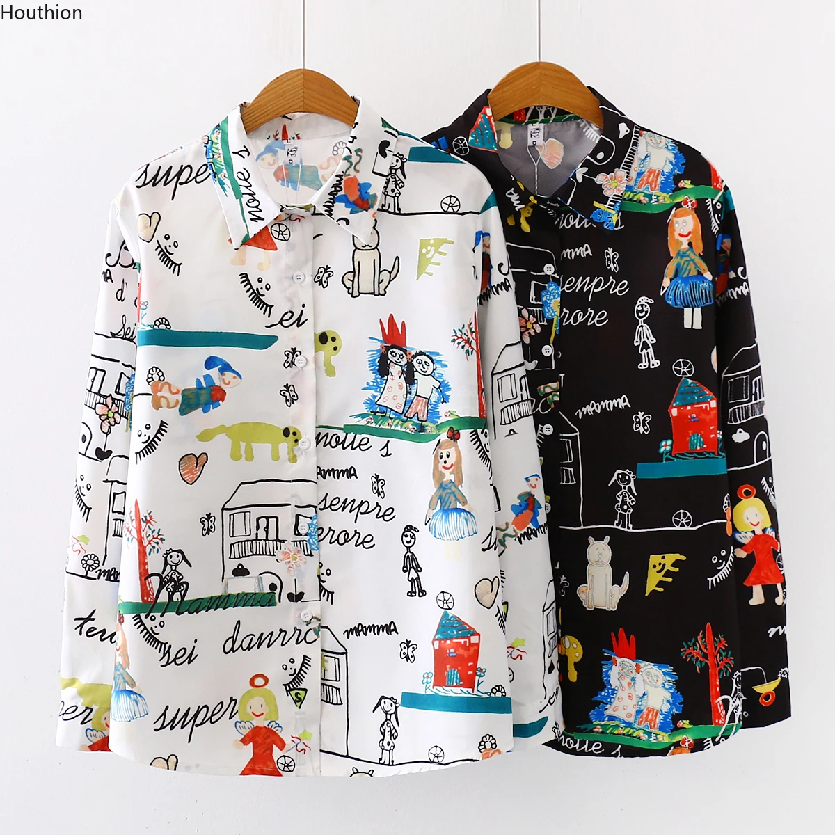 

Women's Blouses Chiffon Polo Shirt Casual Plus Size Loose New Long Sleeve Summer Lady Print Top Houthion