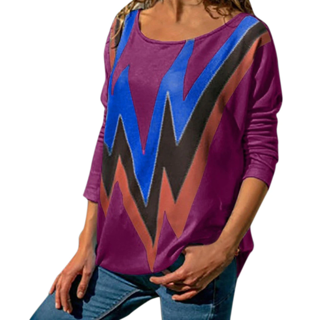 Модная женская Повседневная Блузка с принтом длинным рукавом круглым вырезом