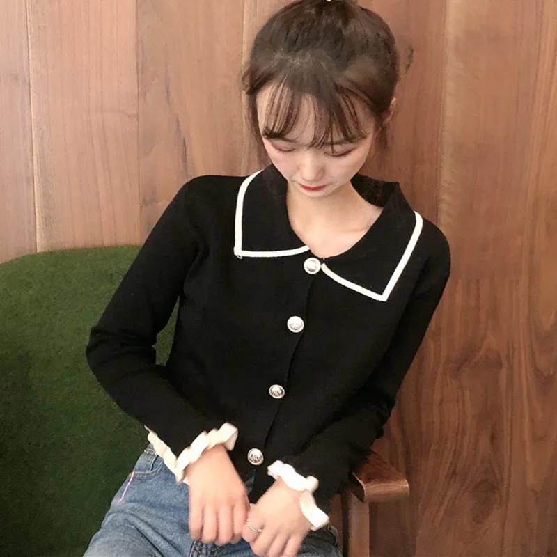 Women Sweater Elegant Turn Down Collar Button Pullover Female Korean Kawaii Ladies Knitted Jumpers Autumn Winter Clothing | Женская