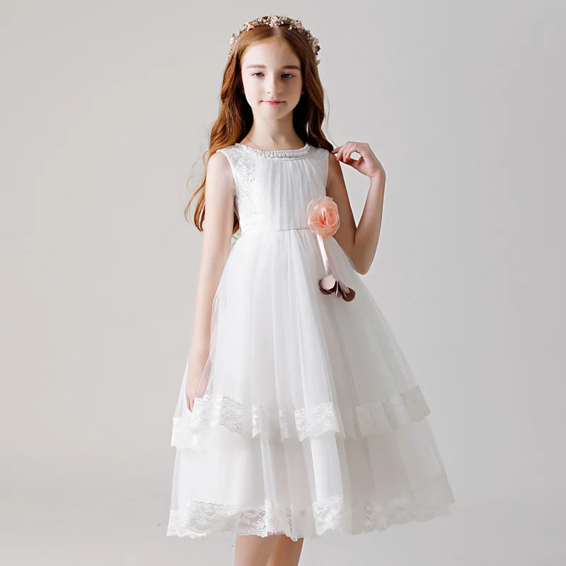 

2020 New Elegant Flower Girls Wedding Dress Kids White Lace Pearl Princess Dress Children Stage Performance Show Prom Dress