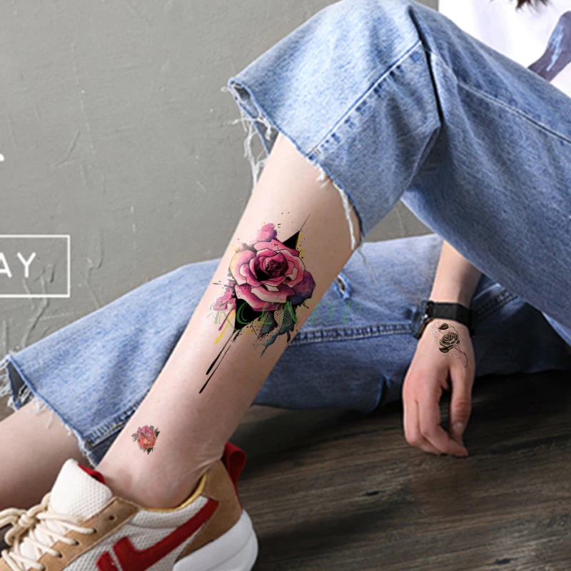 Водостойкие временные тату наклейки акварельные розовые красные цветы