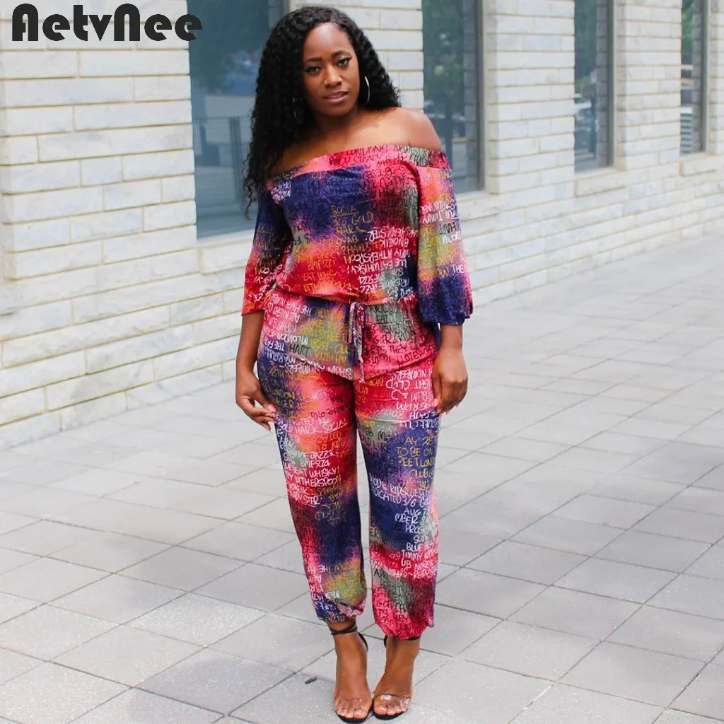 

Fall Letter Tie dye Jumpsuits Women Stylish Rompers One Piece Overalls Off Shoulder Bandage Straight Jumpsuit Streetwear Outfits