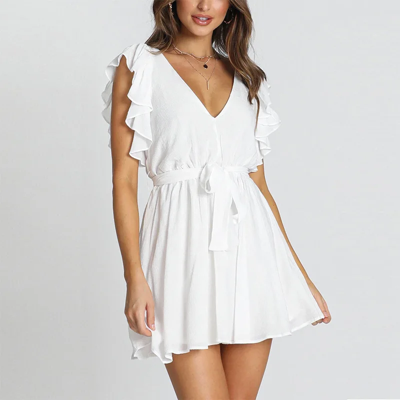 

Summer Fashion All-match Solid Color V-neck Sleeveless Halter Chiffon Ladies Dress