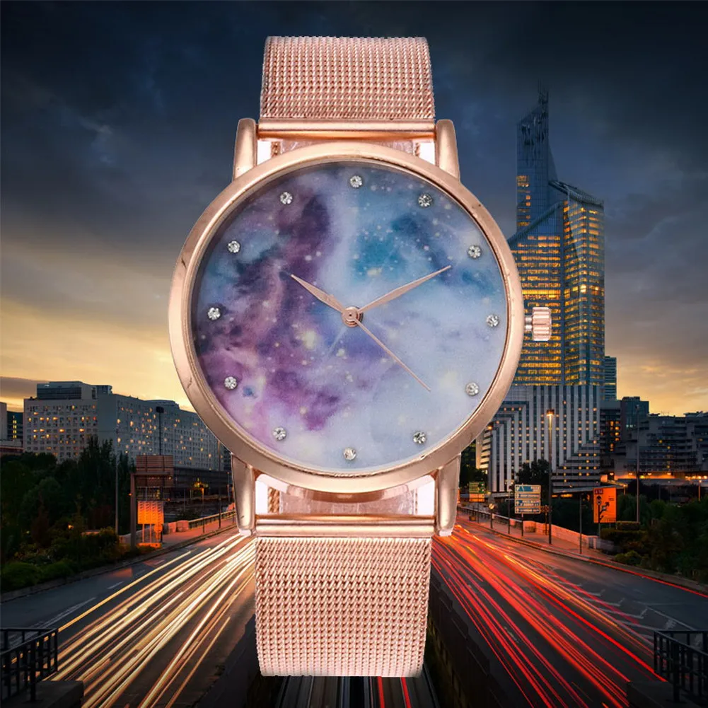 

Fashion Quartz Watch for Women Classic Rhinestone Print Starry Sky Watch with Steel Strap LL@17