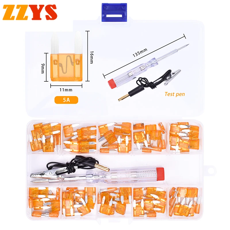 

100pcs Universal 5A Small Automotive Truck Auto Car Blade Type Fuse Zinc Flakes Fuses Assortment Set with Box Clip and Test Pen