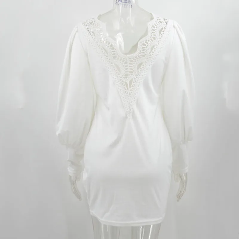 

Bodycon Dress 2020 Autumn And Winter New Sexy V-Neck Halter Lace Stitching Solid Color Long-Sleeved Women Dress Femme Robe