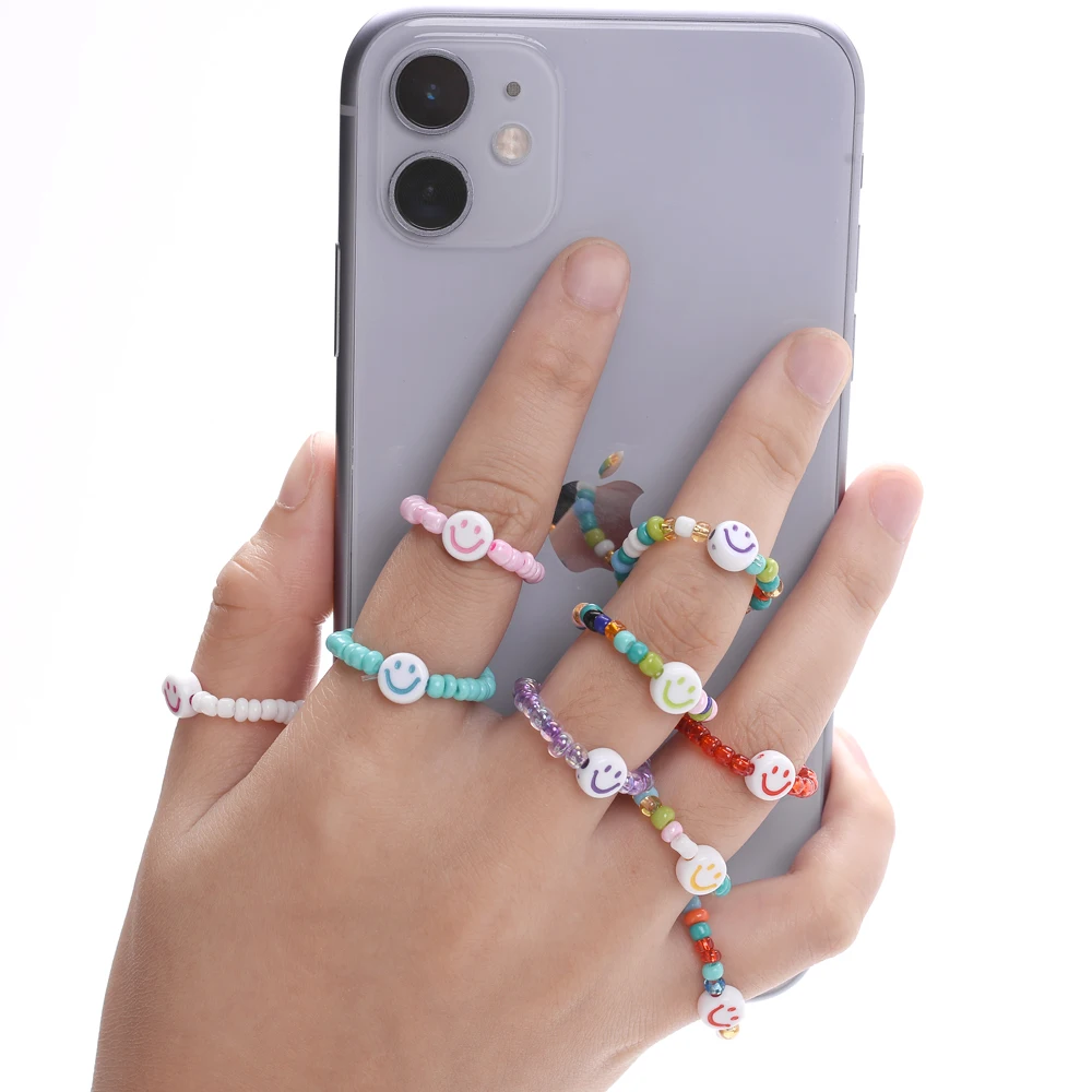 2021 Инс Минималистические многожильные кольца с имитацией жемчуга и улыбкой для женщин, круглые, на пальцы, ювелирные изделия, регулируемые аксессуары.