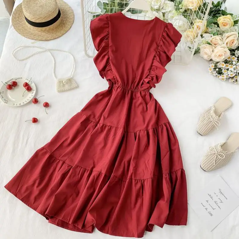 Платье женское с высокой талией элегантный Однотонный сарафан во французском