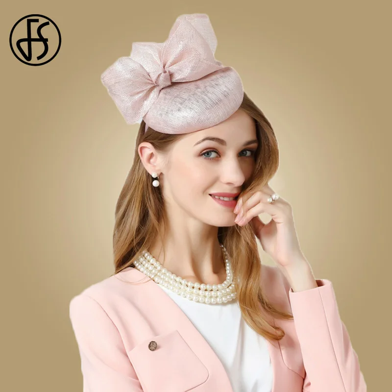 Pink Fascinator Hat FS розовый чародей Дерби церкви для женщин Pillbox шляпа дамы Sinamay шляпы свадьбы бантом Fedora элегантные женские кепки - Цвет: Pink Fascinator Hat