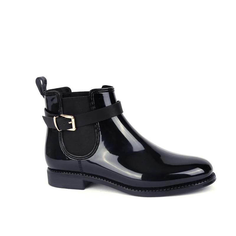 Black-buckle MaxMuxun/женские резиновые ботильоны; непромокаемые сапоги с Черной Бахромой; повседневные Зимние ботиночки; Женская водонепроницаемая обувь без застежки на массивном каблуке - Цвет: Black-buckle