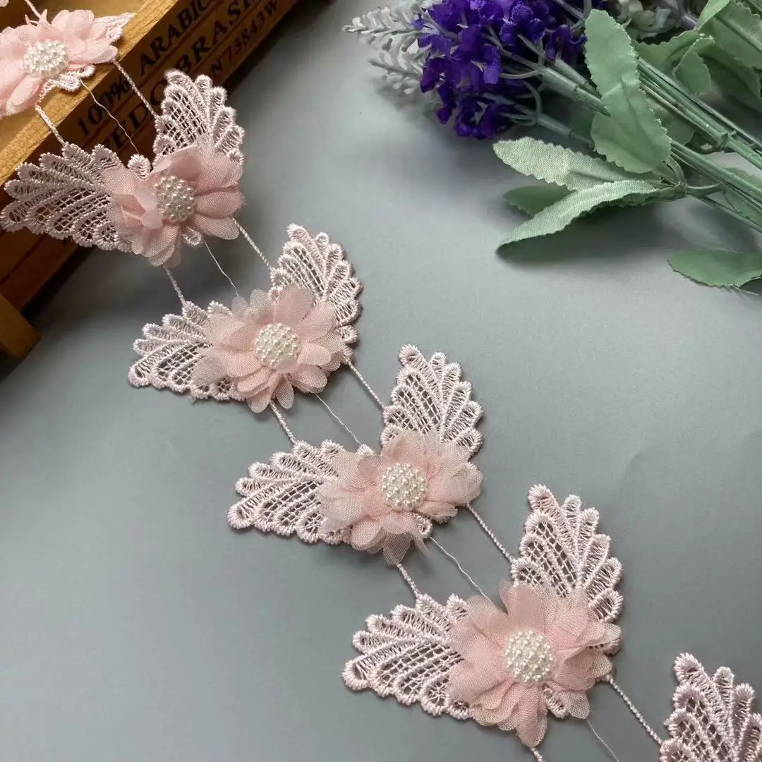 1 ярд 8 см розовая жемчужная кружевная отделка из бисера лента ткань цветок