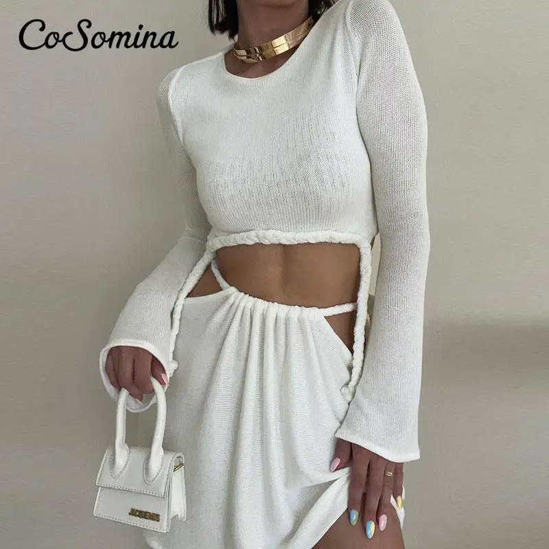 

CoSomina Winter Sexy Women Tracksuit 2021 Fashion Skirt Long Sleeve Shirt Tops And High Waisted Mini Wrap Skirt Two Piece Set