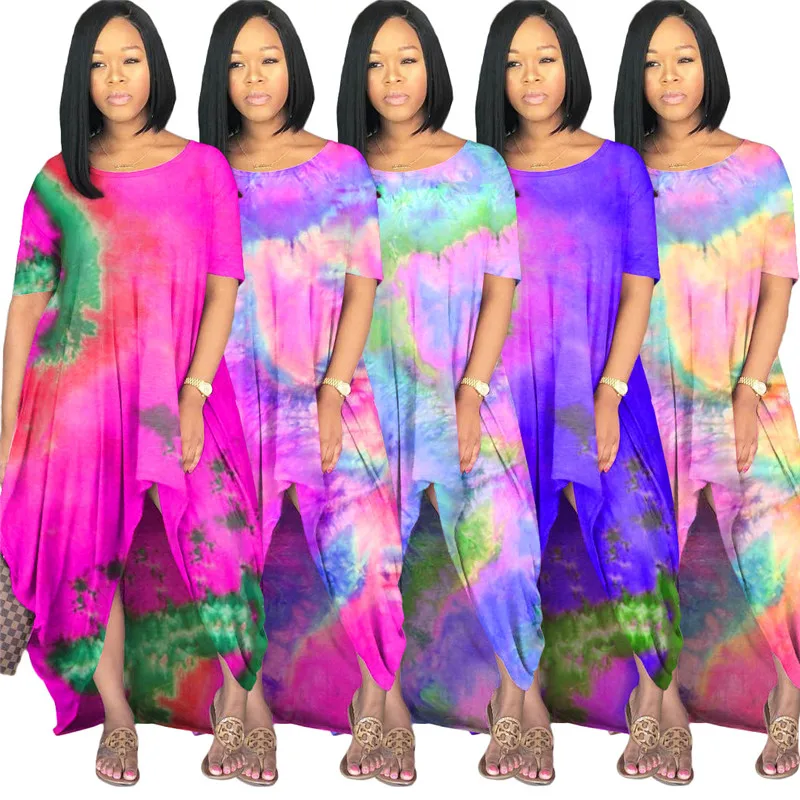 

2020 Hot Sale Women Dresse Flowery Draped Dress Tie Dye Loose Hem Casual Stretch Party Dress Free Shipping Wholesale Dropshpping