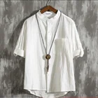 Рубашка мужская свободного покроя, Льняная блуза из хлопка в стиле Харадзюку, с рукавом три четверти, белая стильная брендовая размера плюс с коротким рукавом, на лето
