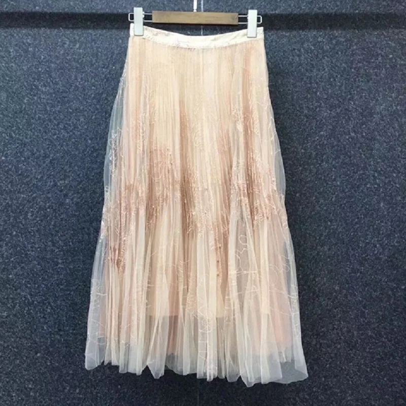 High Quality Women's Skirt 2021 Autumn Long Skirt Women Lurex Embroidery Skirt Ladies Casual Party Apricot Black Pleated Skirt