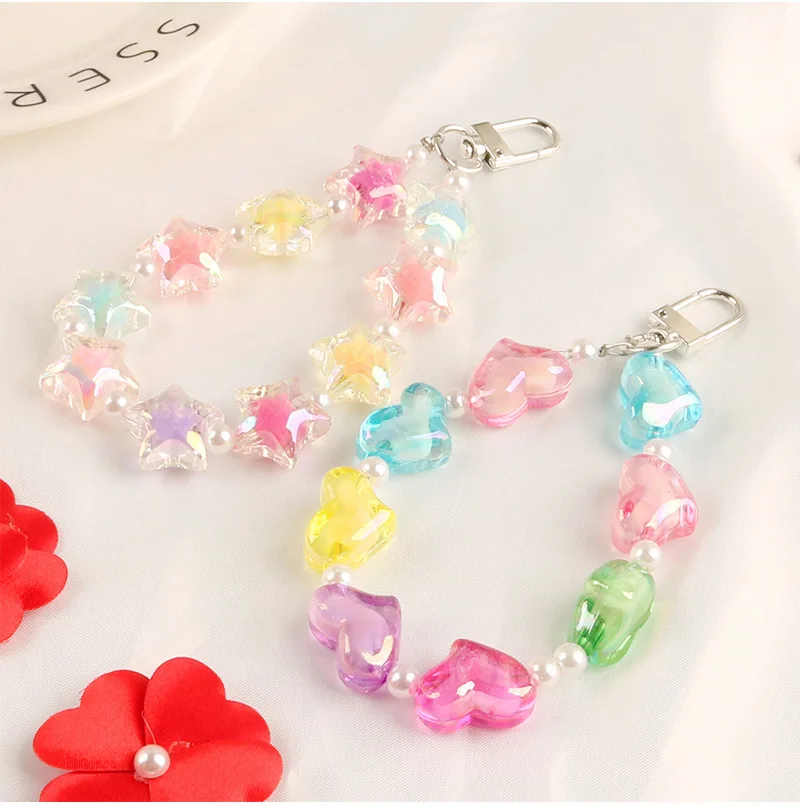 

Creative Cute Candy Color Five-Pointed Star Love White Imitation Pearl Key Chain Pendant Women's Backpack Jewelry Accessory Gift