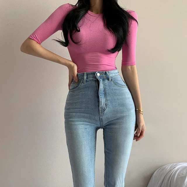 

2021 Basic T-shirt Spring and Summer Solid Micro-through Sleeves Round Neck Bottoming Shirt Breast Big Sexy Skinny Top Tee