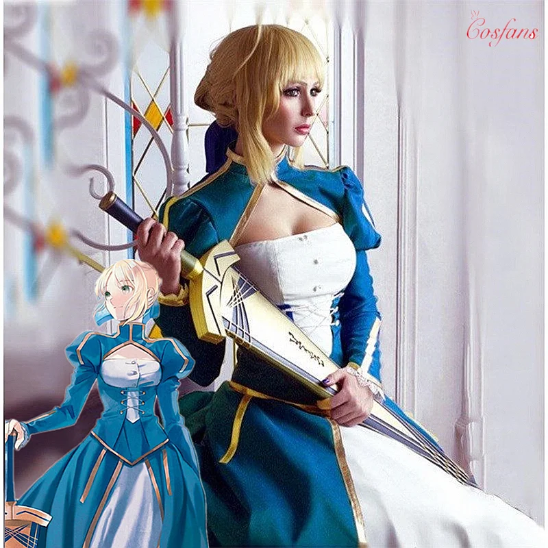 Fate/stay Night Anime Fate Zero Saber Cosplay Arturia Pendragon Blue White Fighting Suit Dress Costume clothes full sets