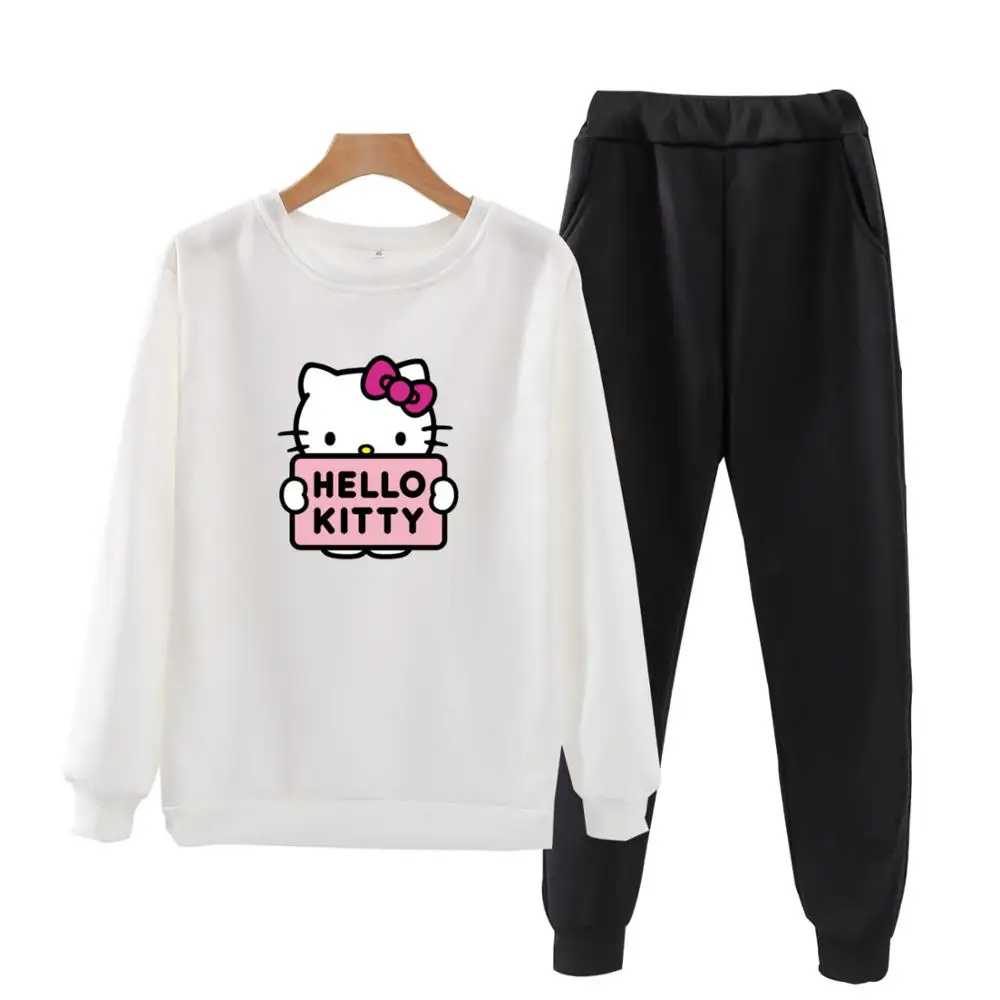 P106 осенний спортивный костюм hello-kitty, толстовки с длинными рукавами, комплект из 2 предметов, повседневный спортивный костюм, женский спортивный костюм - Цвет: White