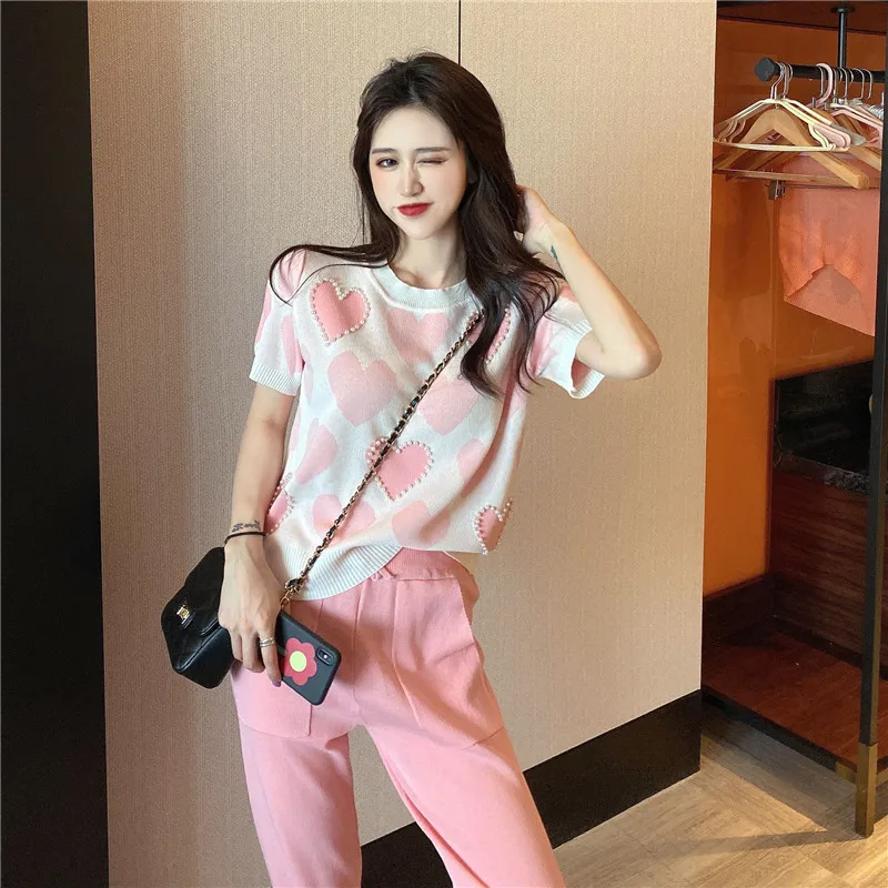 

Женские летние свободные пуловеры с круглым вырезом и сердечками, милые универсальные Джемперы для отдыха, Новые жаккардовые вязаные свите...