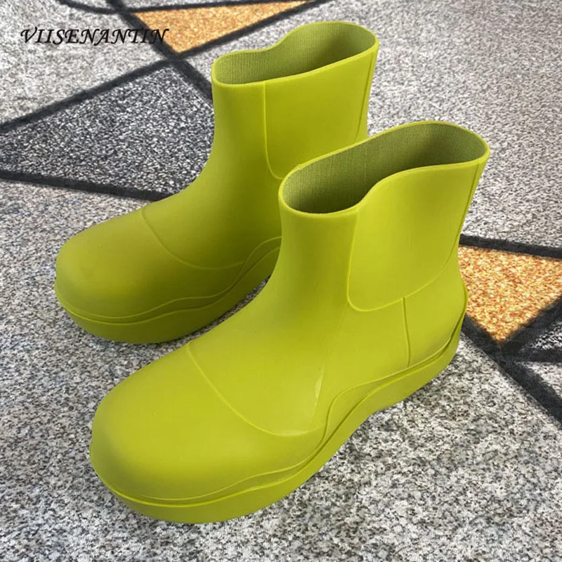 

Новые модные Водонепроницаемые Яркие повседневные женские короткие сапоги из ПВХ с круглым носком