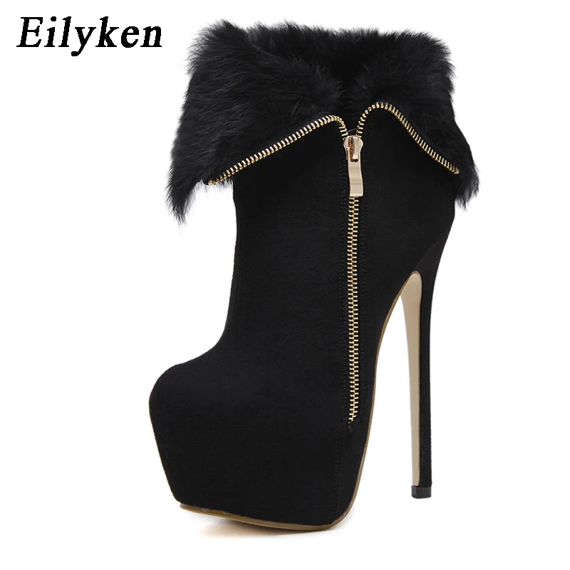 Eilyken; Новинка; модные черные короткие плюшевые ботинки; женские ботильоны на платформе и высоком каблуке на молнии; женская обувь; размеры 34-40