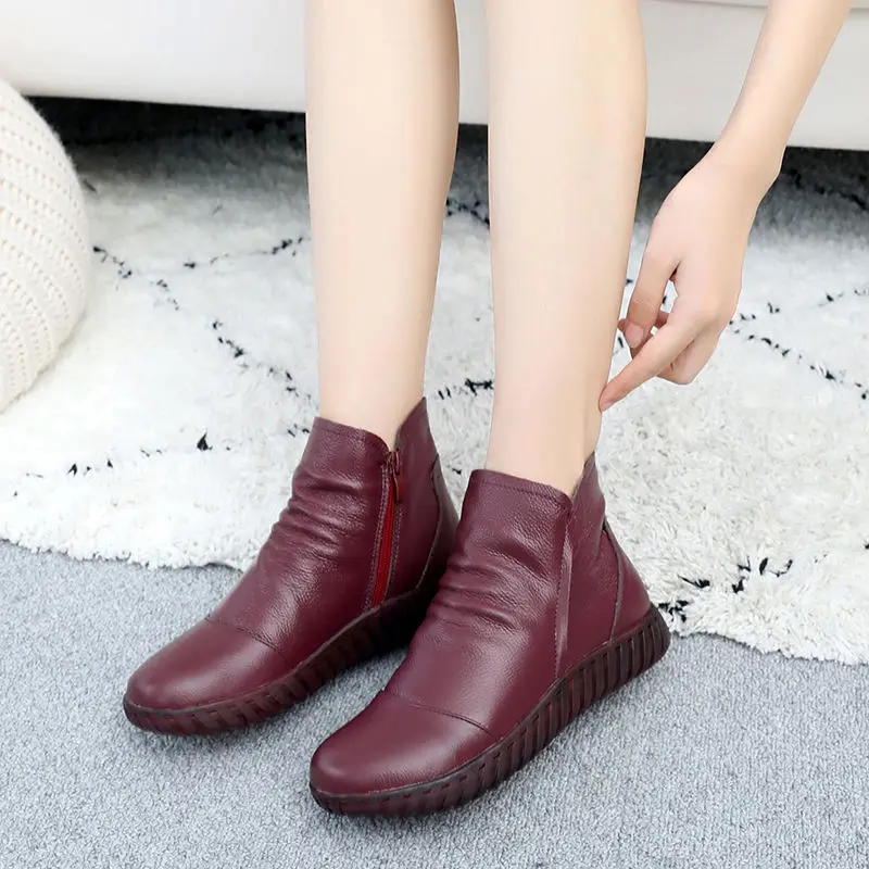 

Water Proof Shoes Women's Genuine Leather Ankle Boots Plush Black Autumn Comfortable Shoes Woman Soft Rubber Boots Side Zipper