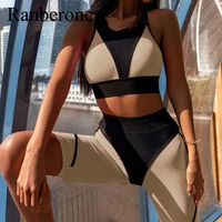 sexy stitching yoga fitness suit high waist tight fitting leggings quick drying two piece suit gym clothing womens tracksuit