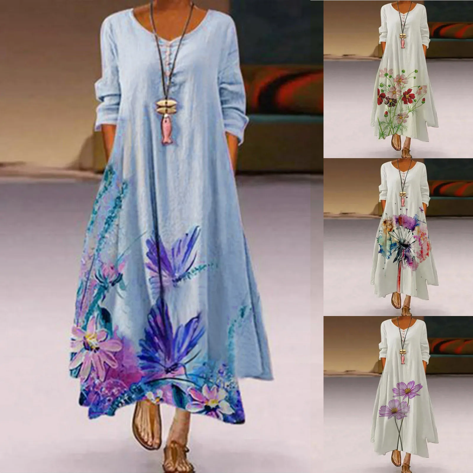 

Dress plus size women Print Casual Long Sleeve Vintage Bohemian O Neck Dress Vintage print round neck button long sleeve dress