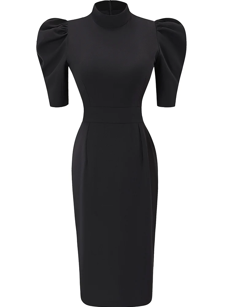 

Black bubble sleeve dress Women's Mid-length high waist slimming elegant socialite 2020 Spring and Autumn New elegant dress