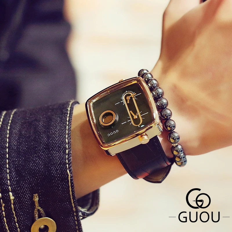 GUOU Square Watch Men Double Quartz Movement Wristwatch for Mans Genuine Leather Strap Waterproof Male Clock Watches Business