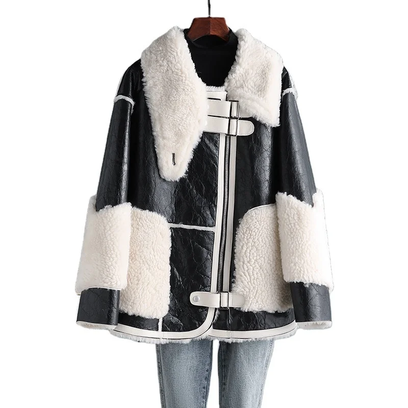 

Hilardwf Long Sleeve 2021 Fashion Fur Body Coat Women Jacket Winter Warm Lamb Fur Grass Short Motorcycle Women Fur Coats