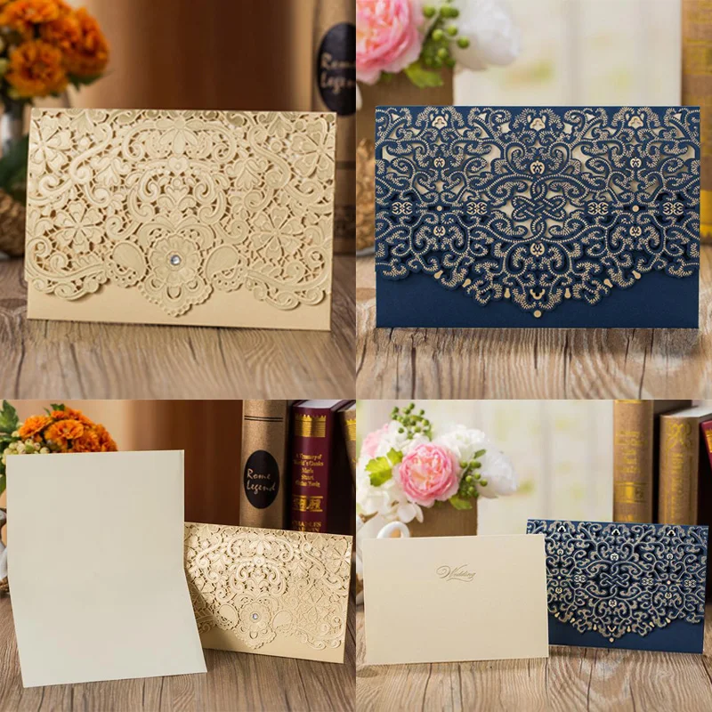 50pcs Blue Gold White Red Elegant Laser Cut Luxury Flora Wedding Invitations Card Lace Favor Free Print Party Decoration | Дом и сад