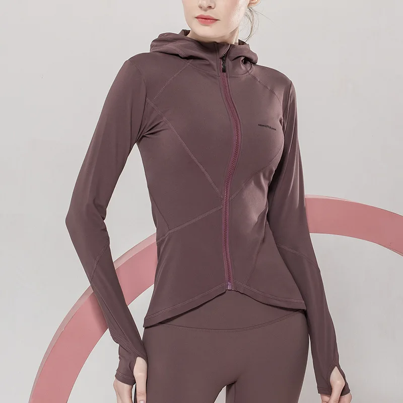 

thin tight Autumn and winter new hooded long zipper sports jacket women show sleeve nude stretch Yoga Fitness