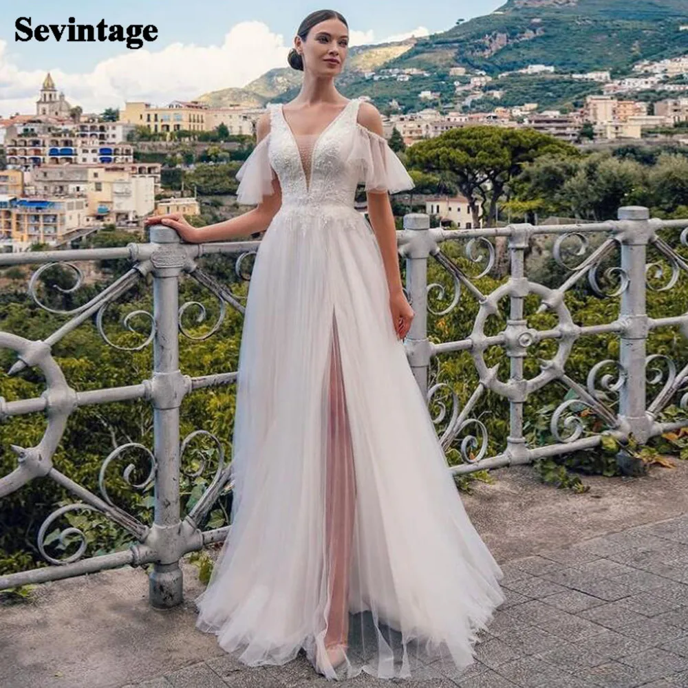 

Sevintage Off the Shoulder Beach Wedding Dress Deep V-Neck Lace Wedding Party Gowns Sheer Baack Princess Bride Dresses Customize