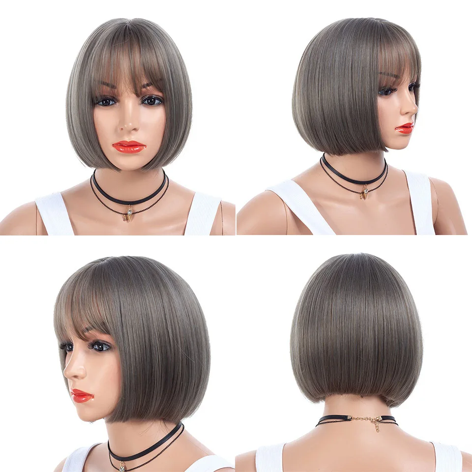 

Synthetic Grey Straight Short Bob Wigs With Bangs Cosplay Wig Female Natural Heat Resistant Fiber False Hair TALESHE