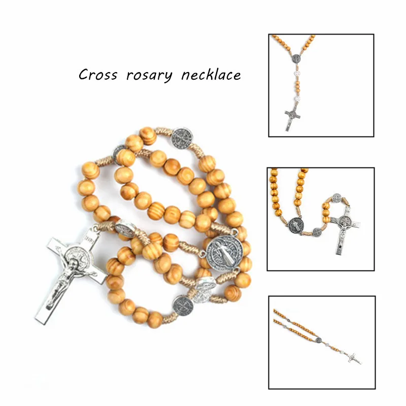 

Handmade Catholic Round Bead Rosary Necklace Exorcism Alloy Wood Beads Knotted Cross Pendent Charm Jewelry Gifts