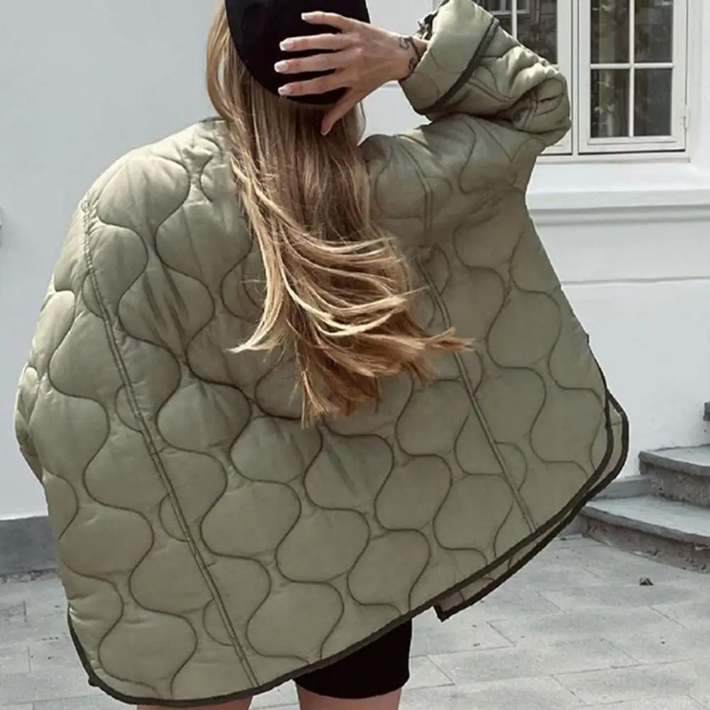 Dropshipping!Autumn Winter Quilted Women Jacket Flap Pockets Loose Fit Round Neck Long Sleeve Lightweight Slit Coat Outwear