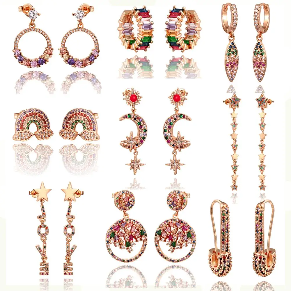 Серьги гвоздики с радужным цирконием и звездами ювелирные изделия для женщин