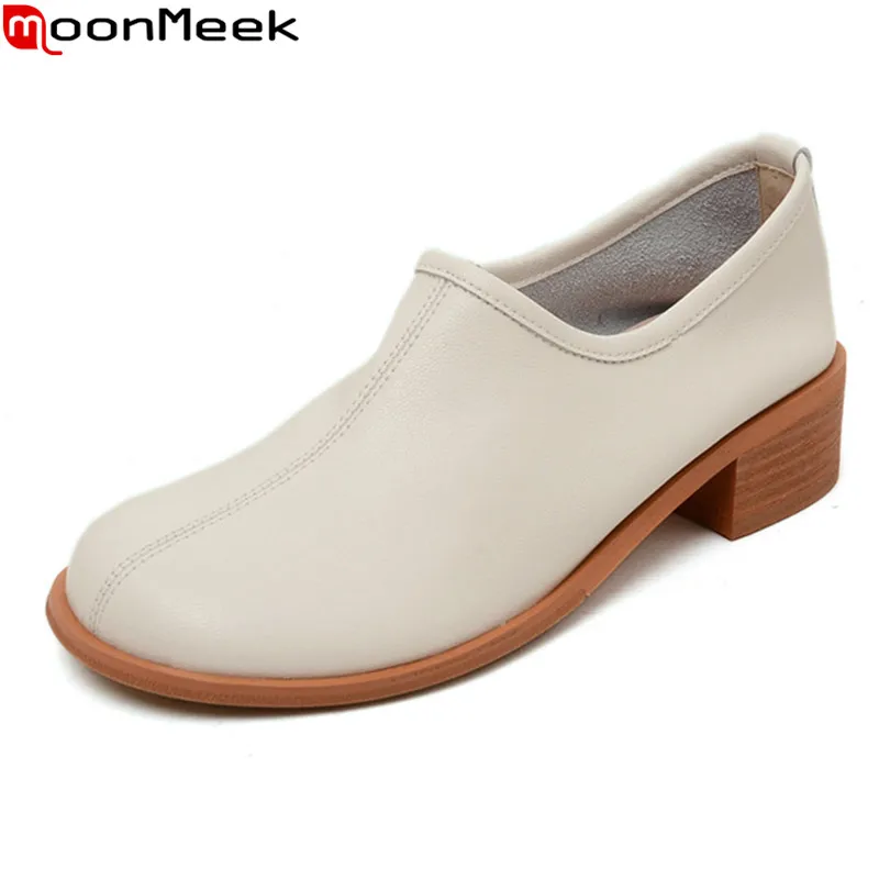 

MoonMeek 2021 New Arrival Ladies Casual Shoes Genuine Leather Women Pumps Square Heels Round Toe Comfortable Single Shoes