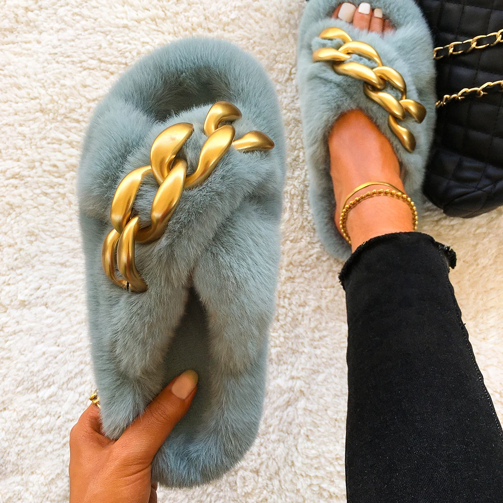 Slippers Female Crystal Furry Slides Fluffy Sandals Ladies Faux Fur Flip Flops Luxury Slippers Women Indoor House Casual Shoes