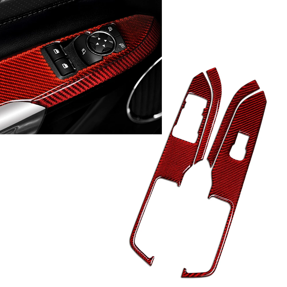 

For Ford Mustang 2015-2023 Door Window Lift Switch Control Armrest Panel Cover Trim Red Real Carbon Fiber Sticker Frame Strip