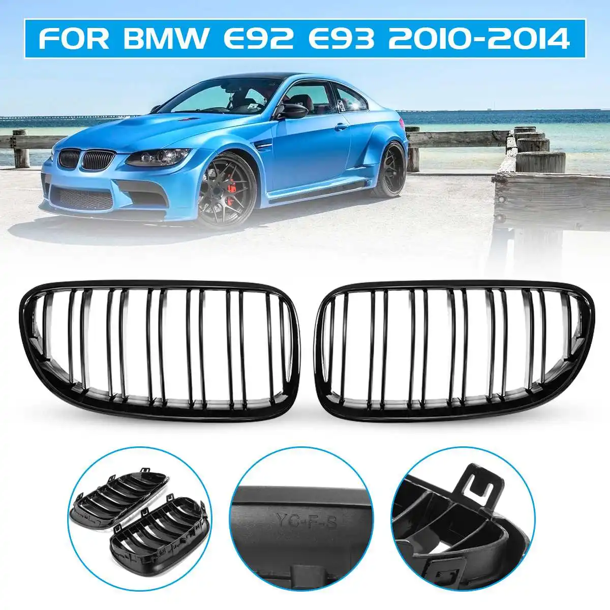 Pair Car Gloss Black 2 Slat Front Kidney Grill Grille For BMW E92 E93 2010 2011 2012 2013 2014 Car Racing Grille