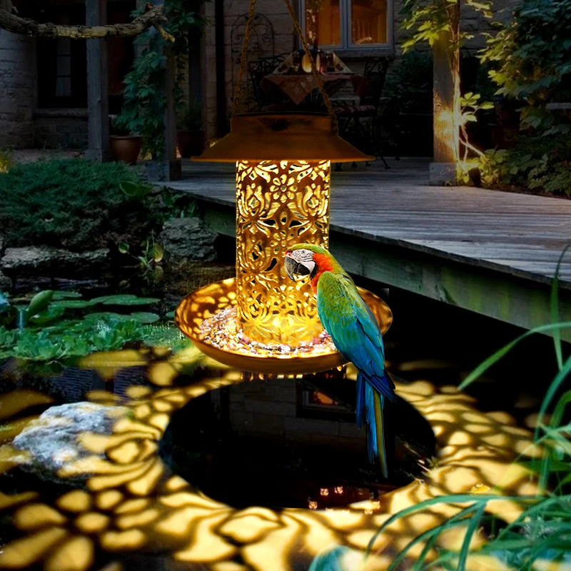 

Solar Energy Bird Feeder Waterproof Solar Light Wild Hanging Bronze Metal Tray Solar Lantern for Outdoors Garden Tree Decoration