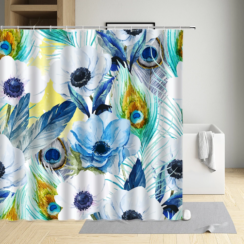 

Blue Feather Peacocks Decorative Modern Eco-Friendly Fabric Polyester Waterproof Cloth Curtain Bathtub Decor Bath Screen