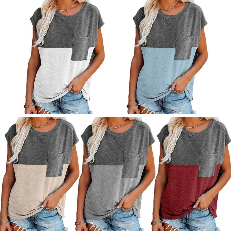 

Tops For Women 2021 Summer New Loose Large Casual Short Sleeve Top Pocket Stitching Color Round Neck T-Shirt