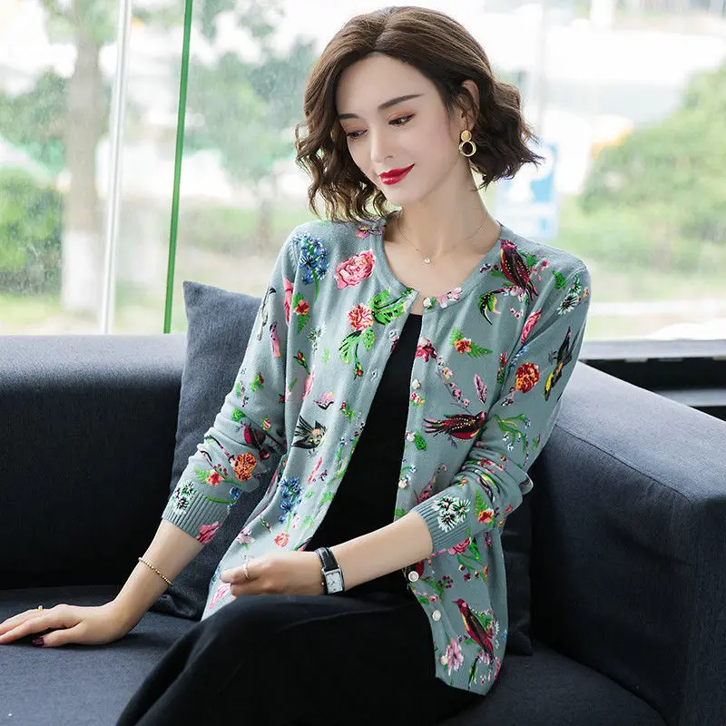 

Женский винтажный кардиган с цветочным принтом, Короткий трикотажный кардиган с длинным рукавом, повседневные топы, весна-осень 2021, C235