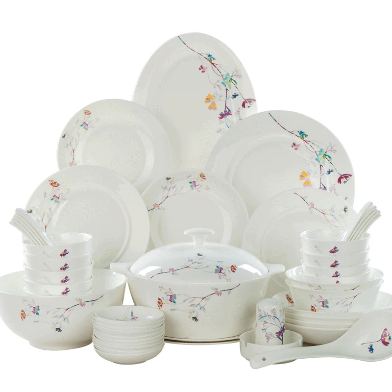 

56 Heads jingdezhen ceramics Dinnerware Dinner Tableware Bone China Dishes Set Pot Rice Bowl Salad Noodles Bowl Dish Bowl